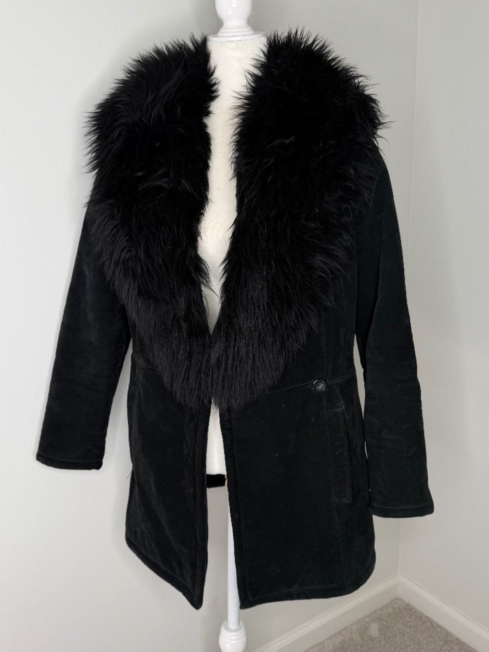Vintage Y2K Jones New York Rabbit Fur Lined Black Leather Jacket S